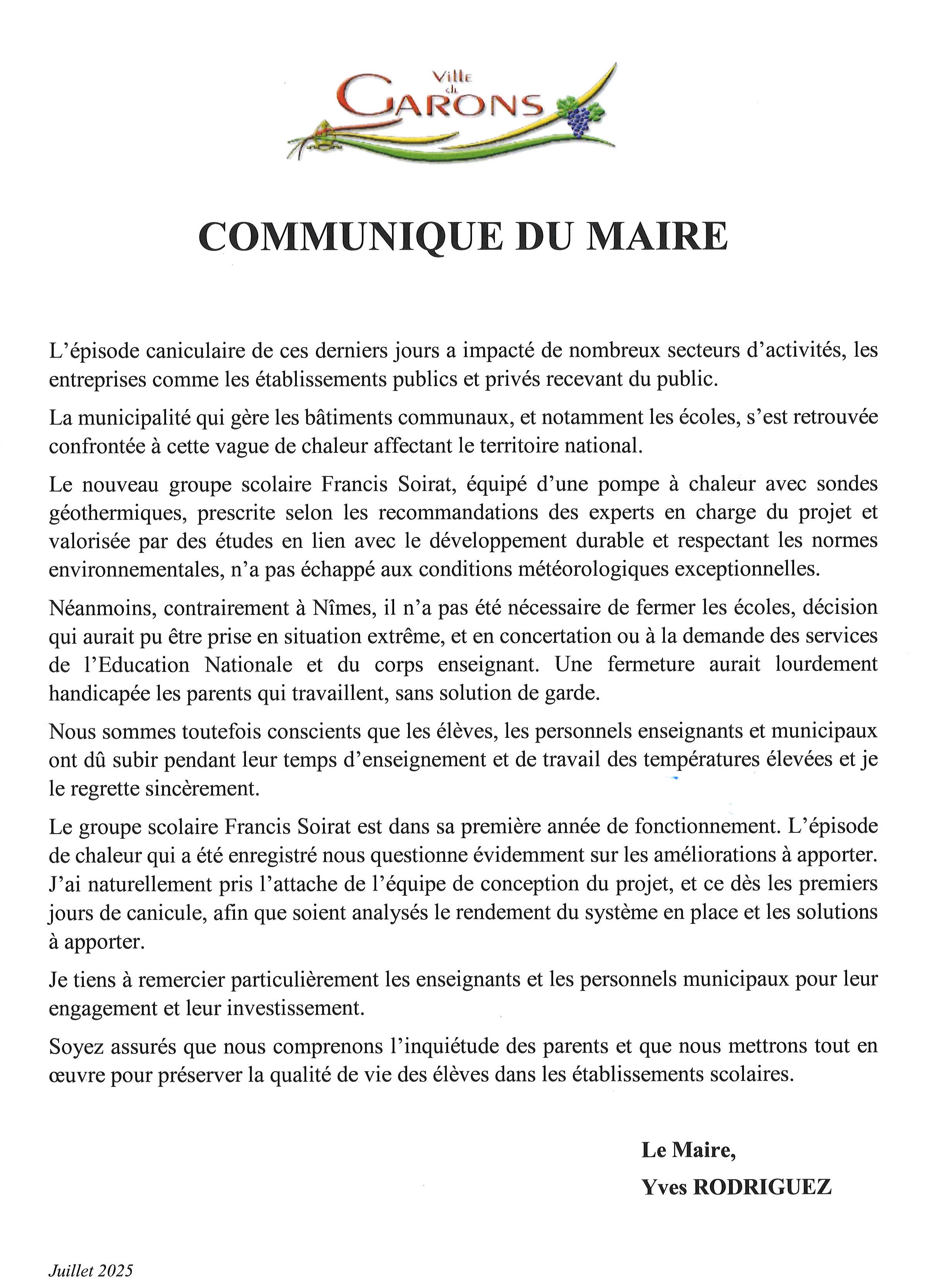 Communiqué du Maire juillet 2025